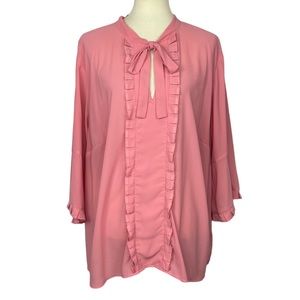 Eloquii Blouse Womens 26 Pink Ruffle Pussy Bow 3/4 Length Sleeves Plus Size
